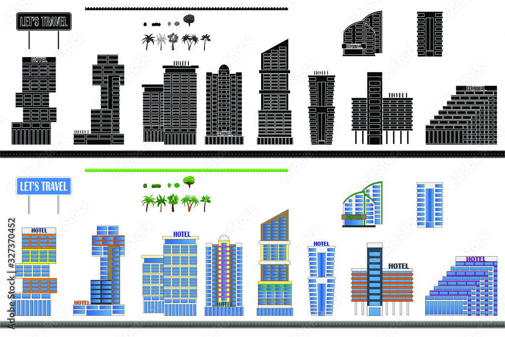 Hotel buildings set, color and silhouettes, isolated on white vector icons