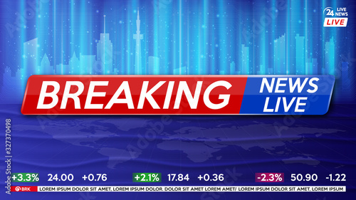 Background screen saver on breaking news. Breaking news live on world map and cityscape background.