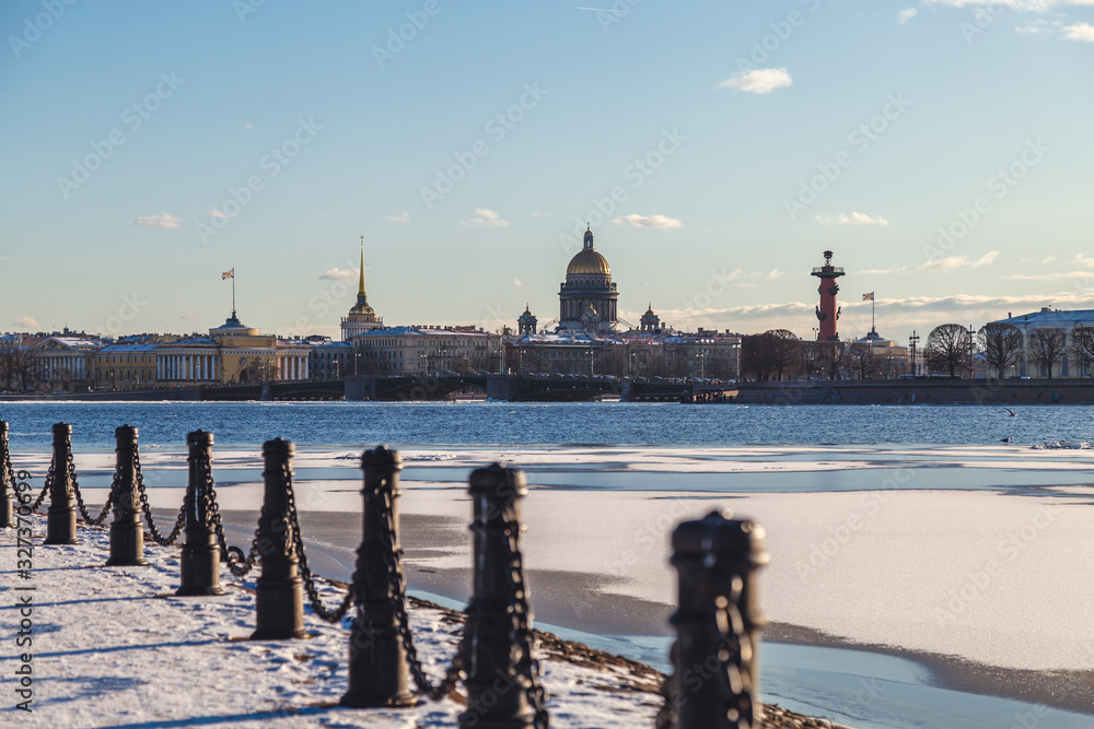 Saint Petersburg. Russia. Panorama of St. Isaac's Cathedral, Rostral Columns and Vasilievsky Island from the side of the Peter and Paul Fortress