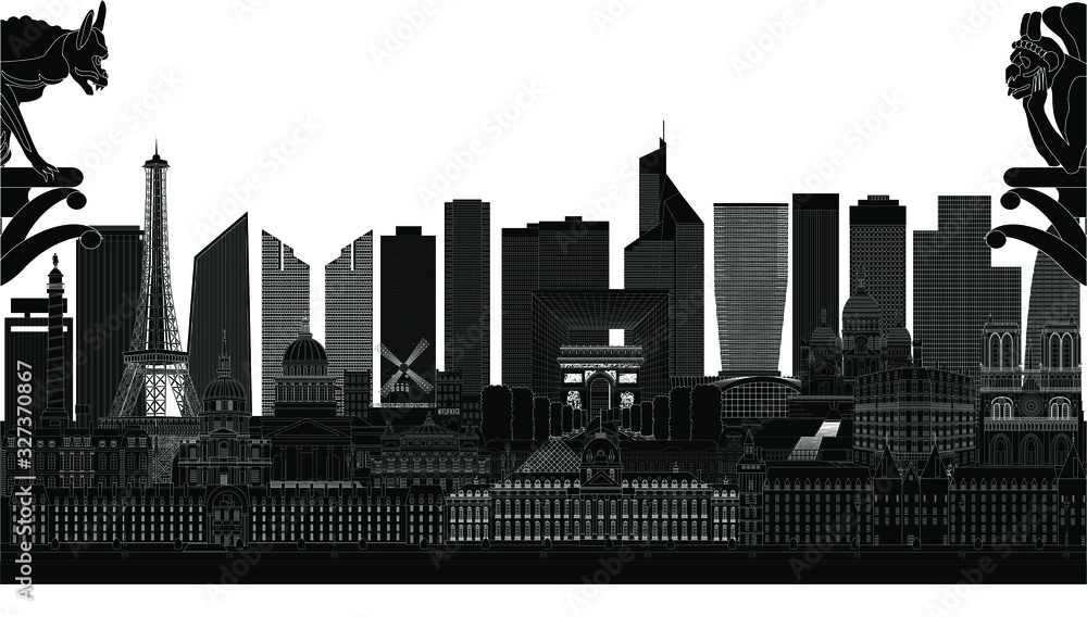 Paris skyline, black and white silhouette, isolated on white
