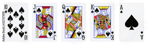 Spades Suit Playing Cards, Set include Ace, King, Queen, Jack and Ten - isolated on white.