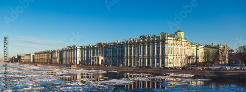 Saint Petersburg. Russia. View of the Winter Palace on the ice on the Neva River.
