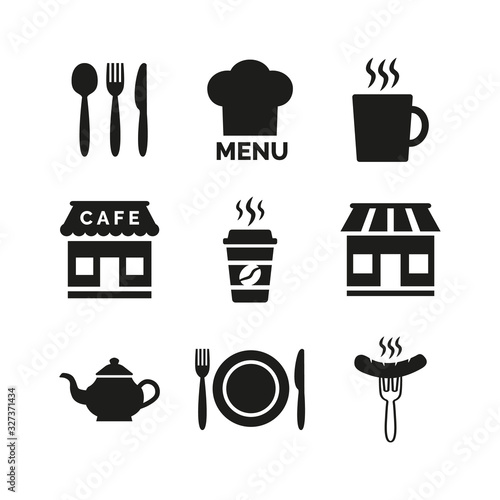 Restaurant and cafe icons set on white background.