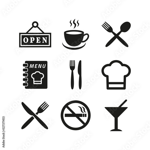Restaurant and cafe icons set on white background.