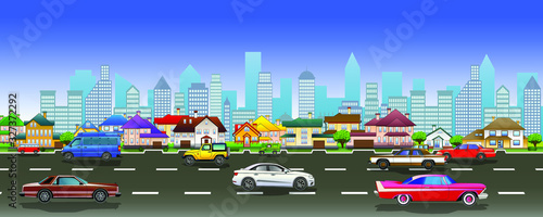 Road traffic, highway with suburbs and city skyline at background
