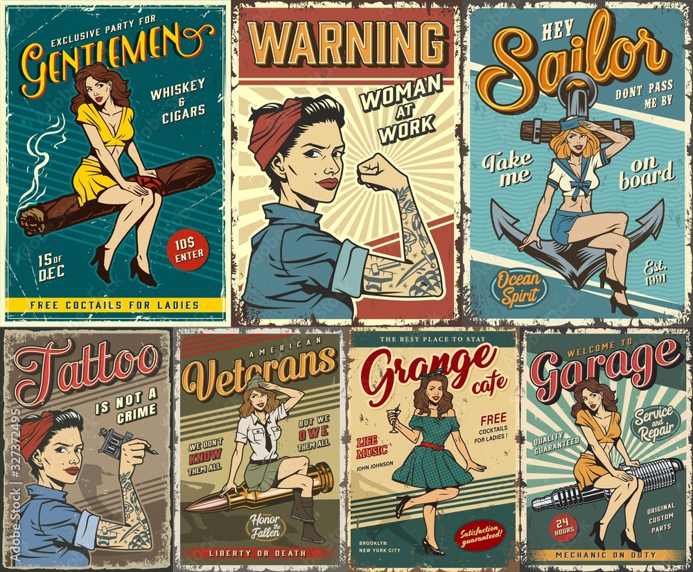 Pin up colorful posters set - obrazy, fototapety, plakaty 