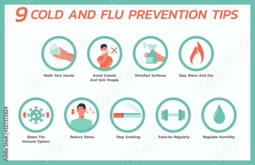 nine cold and flu prevention tips infographic, healthcare and medical about fever protection, vector flat symbol icon, layout, template illustration in horizontal design