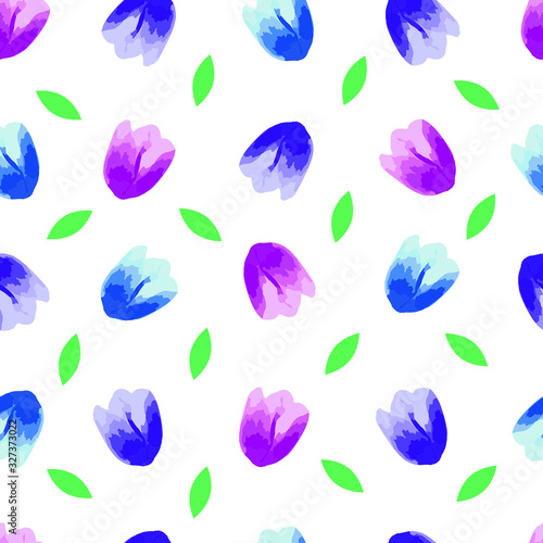 Colored tulip buds and leaves seamless pattern on a white background.