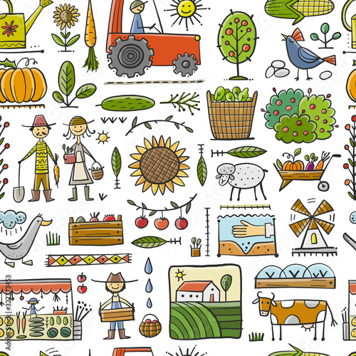 Organic Farm Seamless Pattern Background For your Design. Harvest Festival. A...