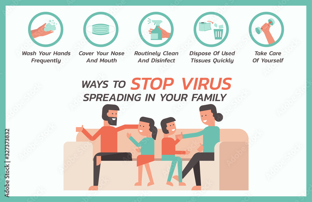 ways to stop virus spreading in your family infographic, healthcare and medical about flu and fever prevention, vector flat symbol icon, layout, template illustration in horizontal design
