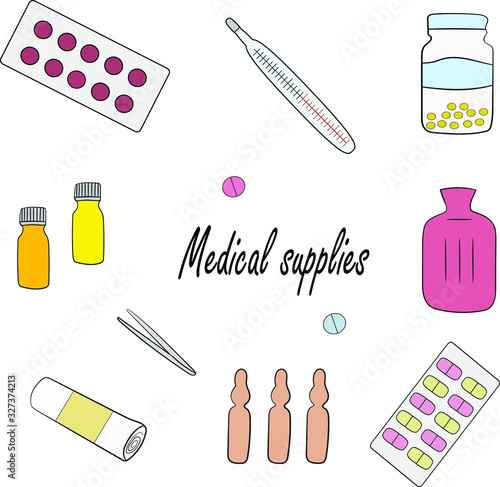 Medical supplies, set. Vector. Isolated objects.