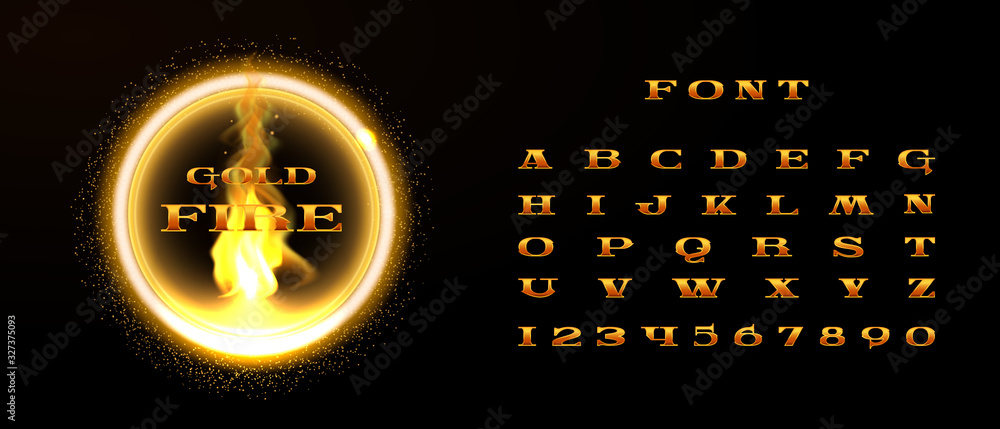 Golden Font, gold letter and numbers set.The fire inside of the Golden ...