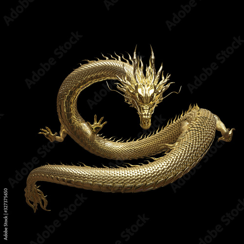 Full body gold dragon in smart pose with 3d rendering include alpha path.