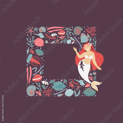 Underwater card design.Childish background with mermaid girl in a square frame.Background with a beautiful mermaid, seaweeds,and stars.Social media, poster, greeting card,gift, banner, textile,T-shirt photo