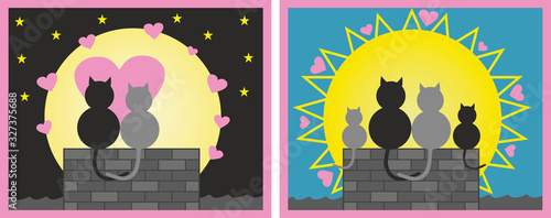 Vector illustration, cats on roof in two pictures.