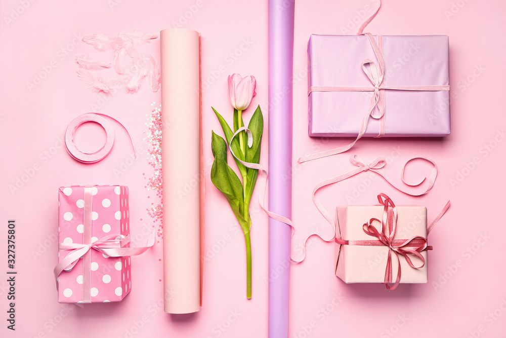 Composition with gifts on color background