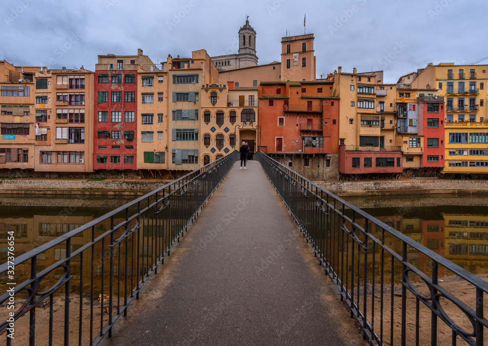 View of the old city of Girona from the bridge over the Onyar River. Catalonia. Spain.
