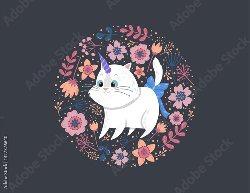 Background with a cute cat unicorn, leaves, and flowers.Circle card design.Childish background with a caticorn in a round frame.Social media, poster, greeting card, gift, banner, textile, T-shirt