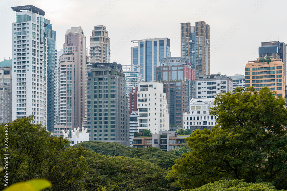 Aerial cityscape of picturesque Bangkok at daytime from rooftop. Panoramic skyline of the biggest city in Thailand. The concept of metropolis.