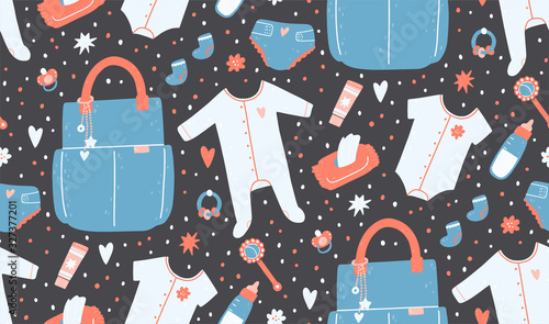 Seamless pattern with a bag, napkins, diapers, rattles, clothes, a bottle, cream. Baby care vector illustration.