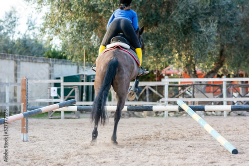 Bak side of Girl riding brown horse that jumps an obstacle with guides