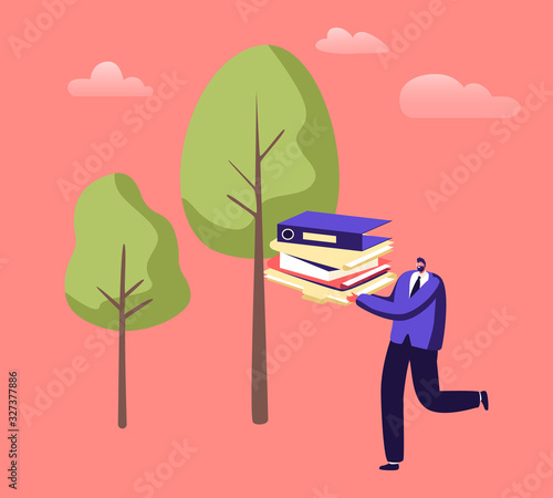 Man Carry Huge Pile of Paper Documents or Wastepaper to Recycle Litter Bin. Environmental Protection, Less Paper, Save Trees. Waste Sort, Recycle and Segregation Cartoon Flat Vector Illustration