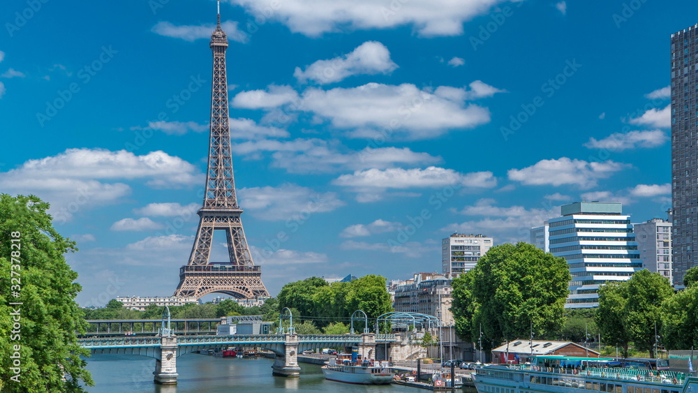 Eiffel tower at the river Seine timelapse from bridge in Paris, France Eiffel tower at the river Seine timelapse from bridge in Paris, France