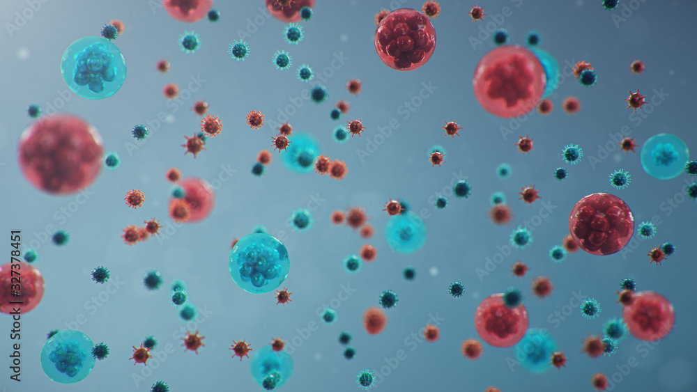 Coronavirus outbreak. Pathogen affecting the respiratory tract. COVID-19 infection. Concept of pandemic, viral infection. Coronavirus inside a human. Human cells, virus infects cells. 3D illustration Coronavirus outbreak. Pathogen affecting the respiratory tract. COVID-19 infection. Concept of pandemic, viral infection. Coronavirus inside a human. Human cells, virus infects cells. 3D illustration