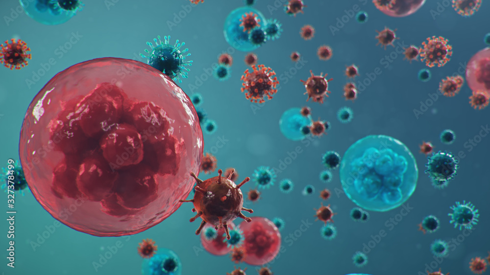 Coronavirus outbreak. Pathogen affecting the respiratory tract. COVID-19 infection. Concept of pandemic, viral infection. Coronavirus inside a human. Human cells, virus infects cells. 3D illustration Coronavirus outbreak. Pathogen affecting the respiratory tract. COVID-19 infection. Concept of pandemic, viral infection. Coronavirus inside a human. Human cells, virus infects cells. 3D illustration