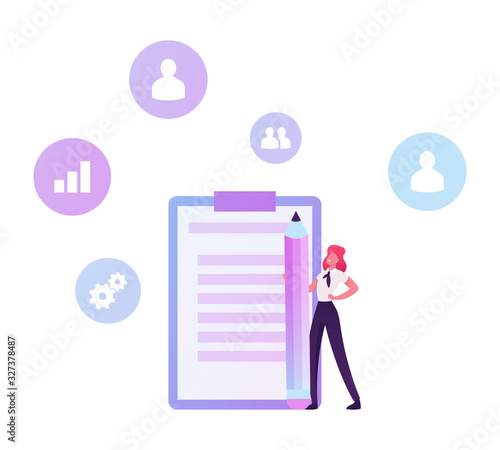 Businesswoman Holding Huge Pencil near Clip Board with To-do List or Tasks for Delegating to Partners and Coworkers in Office. Business Lifestyle, Time Management Cartoon Flat Vector Illustration