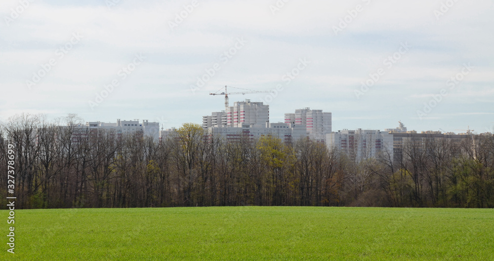 Suburban early spring landscape: sunny-green field on the foreground and multi-storey buildings on the background. Wide field with winter crops and a leafless park, behind which grows a city