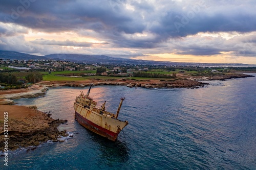 Aerial drone view ship wreck on the beach. Pegeia near Paphos on Cyprus