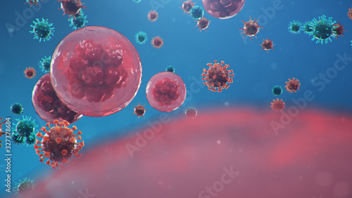 Coronavirus outbreak. Pathogen affecting the respiratory tract. COVID-19 infection. Concept of pandemic, viral infection. Coronavirus inside a human. Human cells, virus infects cells. 3D illustration