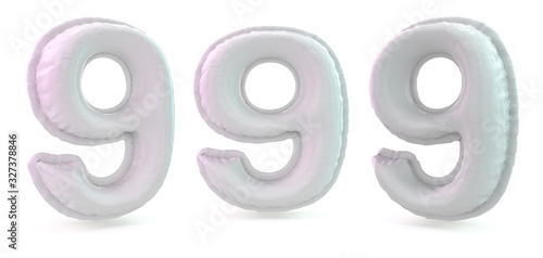 Number 9. Digital sign. Inflatable white balloon on background. 3D