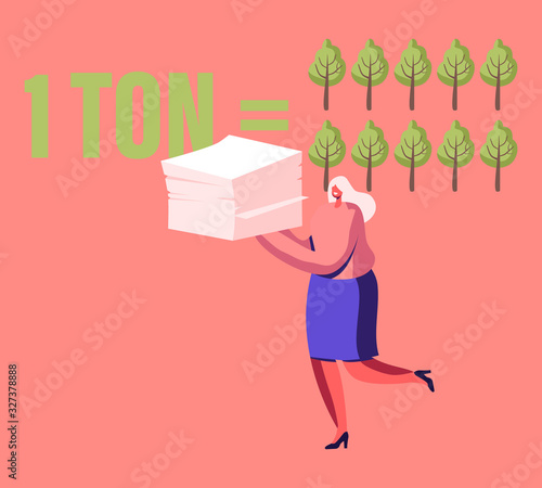 Woman Volunteer Carry Pile of Used Paper Waste and Trash to Recycle, Stop Pollution and Trees Felling Concept. Ecology Protection Problem Wastepaper Recycling Solution Cartoon Flat Vector Illustration