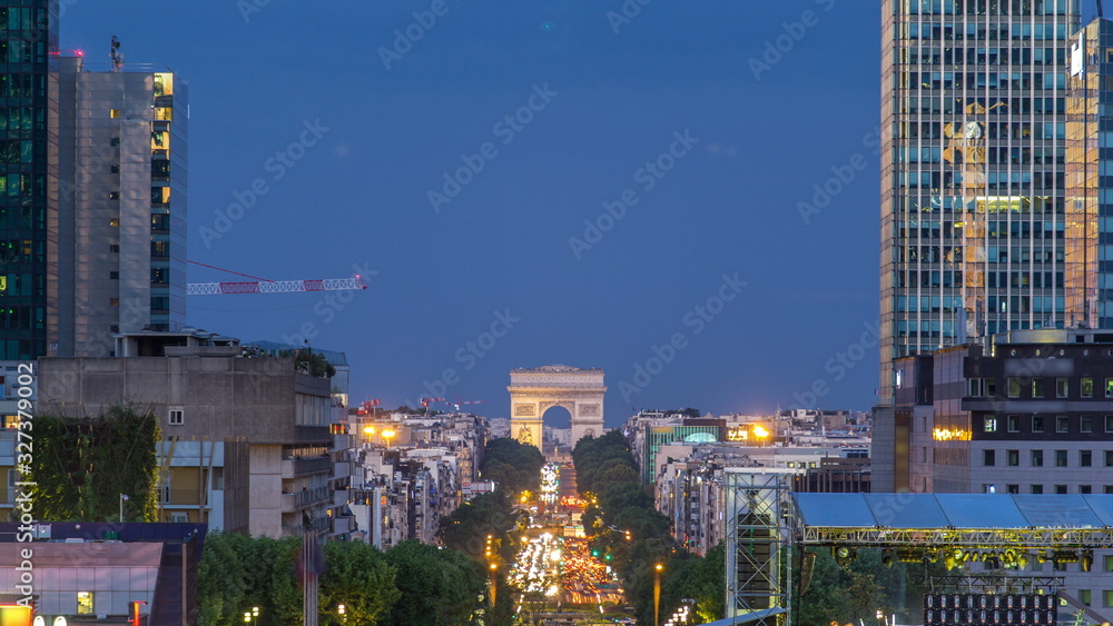 View from Grand Arch in Defense business district to the Arc de Triumph day to night timelapse, Paris, France