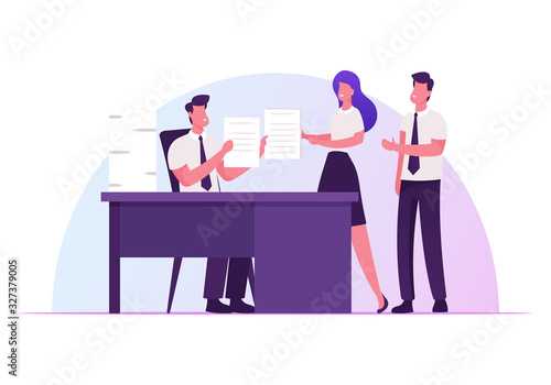 Company Boss Sitting at Office Desk Giving Tasks to Business Employees Delegating Responsibilities. Leadership, Authority, Effective and Productive Management Concept Cartoon Flat Vector Illustration
