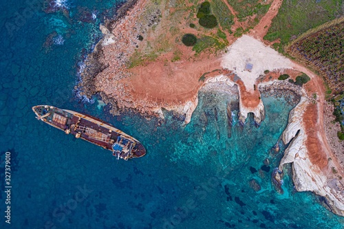 Aerial drone view ship wreck on the beach. Pegeia near Paphos on Cyprus