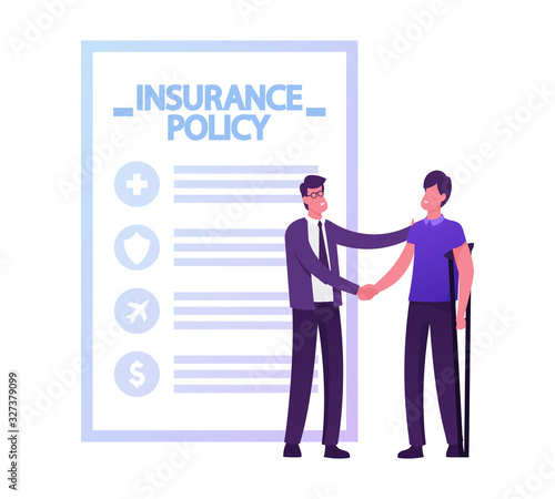 Accident Insurance Concept. Agent Shaking Hand to Client Stand on Crutches front of Policy Paper Document. Health Protection, Secure and Financial Guarantee Contract Cartoon Flat Vector Illustration
