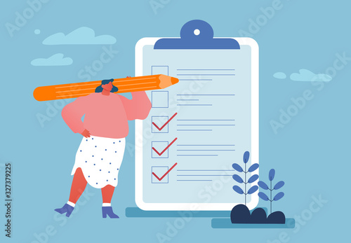 Business Lifestyle, Time Management. Businesswoman Holding Huge Pencil near Clip Board with To-do List or Tasks for Delegating to Partners and Coworkers in Office. Cartoon Flat Vector Illustration