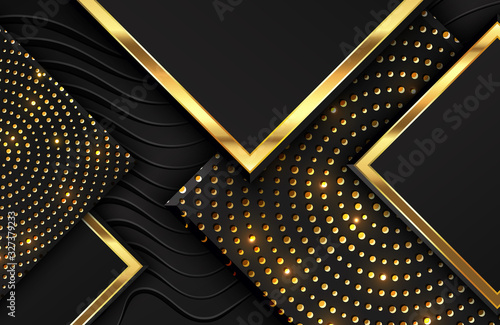 Luxury style design. Abstract geometric background with shimmering glitter pattern and wavy lines texture on black square shape. Composition with rectangle shapes. Abstract luxury background template