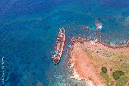 Aerial drone view ship wreck on the beach. Pegeia near Paphos on Cyprus