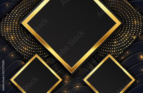 Luxury style design. Abstract geometric background with shimmering glitter pattern and wavy lines texture on black square shape. Composition with rectangle shapes. Abstract luxury background template