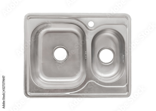 New modern double metal sink made of silver isolated on a white background, top view