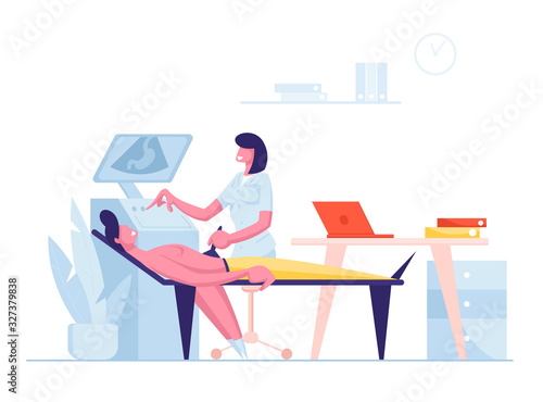 Healthcare, Medicine Concept. Female Doctor Scanning Young Man Stomach with Ultrasound Diagnostic Machine. Patient Lying on Couch in Chamber with Special Scanner, Cartoon Flat Vector Illustration