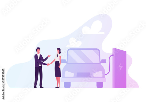 Woman and Man Shaking Hands near Charging Electric Car with Lithium Battery. Eco Transport with Electricity Power. Environment Ecology Protection, Green Technology Cartoon Flat Vector Illustration