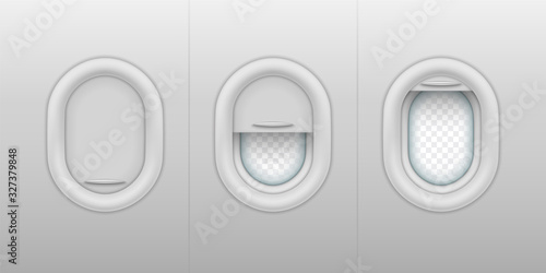 Set of isolated realistic porthole with open, close, half-open plastic shades. Vector aircraft or plane windows with closed and opened shutter. Inside and outside, interior of airplane. Flight trip