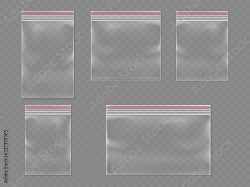 Sealed polythene 3d bags or realistic plastic pack with self adhesive flap. Realistic vector waterproof container for food or shop product. Set of isolated empty package template. Medical pouch