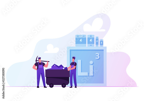 Miners with Pickaxe Stand at Trolley with Lithium Ore for Manufacturing Accumulators and Batteries. Mendeleev Table Chemical Element, Mining Industry, Atomic Power Cartoon Flat Vector Illustration