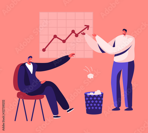 Less Paper Using and Stop Trees Cutting Concept. Businessman Sitting at Growing Arrow Chart Throw Crumpled Paper Sheets to Litter Bin. Forest Felling, Deforestation Cartoon Flat Vector Illustration